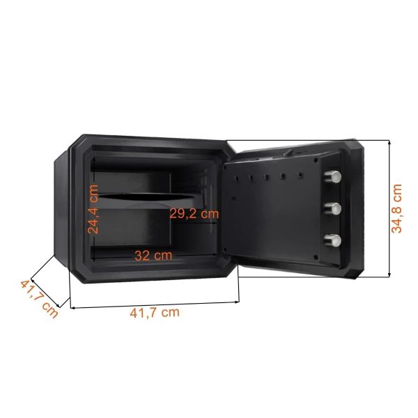 Sejf wodoodporny i ognioodporny MasterLock - FPW082FTCML otwarty z wymiarami Sejf wodoodporny i ognioodporny MasterLock - FPW082FTCML otwarty z wymiarami